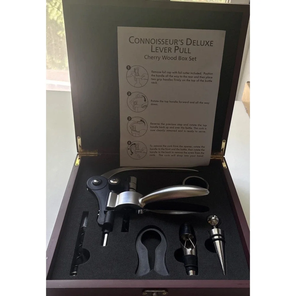 Connoisseurs, Deluxe  Wine Opener Set Corkscrew W/Foil Cutter/Cherry Wood Box